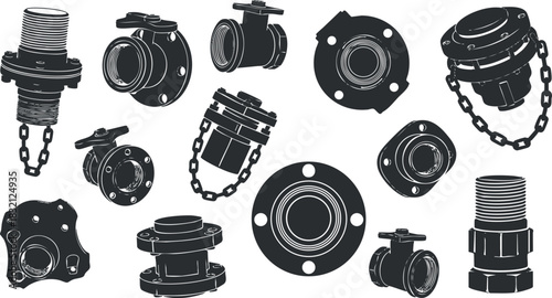 A collection of various plumbing fittings and valves in black outline vector style, suitable for engineering and industrial design projects