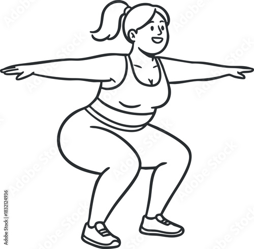 A woman performing squats in a minimalist line art style, ideal for fitness and health-related projects