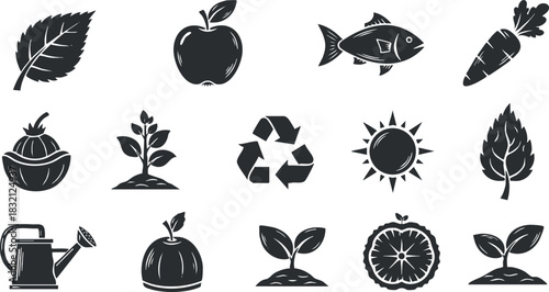 A collection of eco-friendly icons including leaves, fruits, fish, and recycling symbols in black and white vector style, perfect for environmental projects and gardening themes