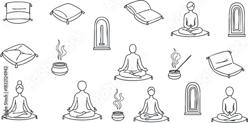 A set of meditation and wellness icons including pillows, incense, and figures in minimalist line art style, suitable for health and relaxation themes