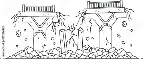 A set of damaged bridge supports with rubble and debris in black and white outline vector style, suitable for disaster-themed projects
