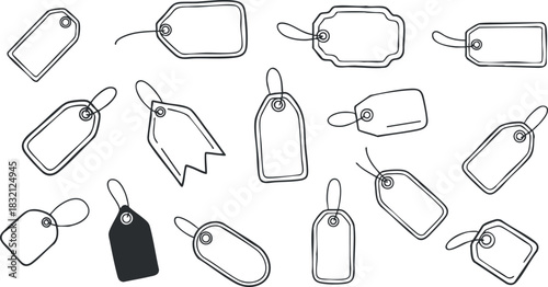 A collection of outline price tags and labels in minimalist black and white vector style, perfect for retail and branding projects