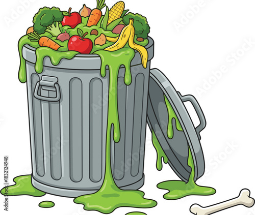 Vector cartoon illustration of metal trash can overflowing with rotten food waste, green slime, vegetables and organic garbage.