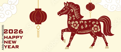 Chinese Lunar New Year 2026 web banner featuring a red horse illustration in traditional Chinese style, festive oriental design with gold accents, lucky symbols, and decorative holiday elements