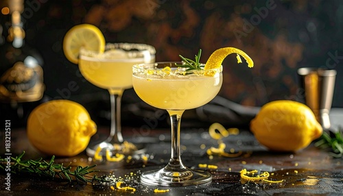 Two Elegant Lemon Cocktails Garnished With Rosemary And Lemon Zest On A Dark Countertop With Fresh Lemons Scattered Around Subtle Lighting Creates A Sophisticated Atmosphere
