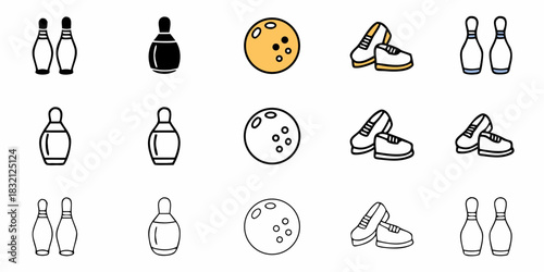 Collection of bowling pins bowling balls and bowling shoes icons in various styles
