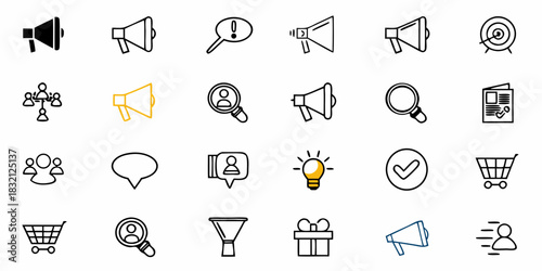 Collection of marketing and business icons including megaphones search people and shopping carts