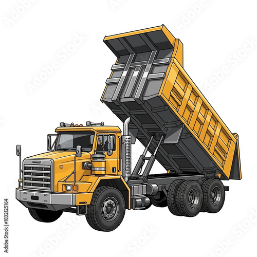 Yellow Dump Truck Unloading Materials.