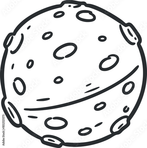 A simple outline illustration of a moon with craters in black and white minimalist vector style, suitable for educational materials and space-themed designs