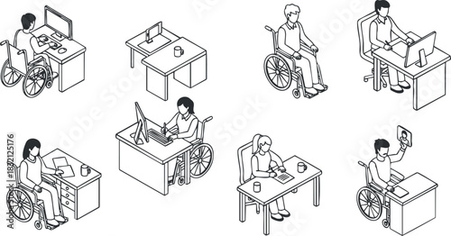 A set of diverse office workers in wheelchairs using computers in minimalist line art vector style, ideal for inclusivity and accessibility themes