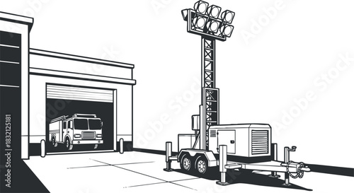 A mobile lighting trailer with multiple floodlights in black and white outline vector style, suitable for construction and emergency services
