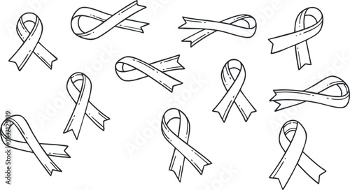 A collection of awareness ribbons in various styles and orientations in black outline vector style, suitable for social causes and charity events