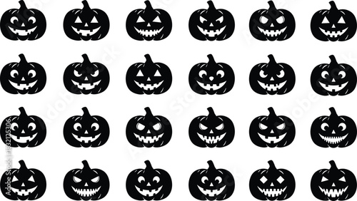 Set of black vector silhouettes of Halloween pumpkins with carved faces showing scary, funny and spooky expressions for decoration.