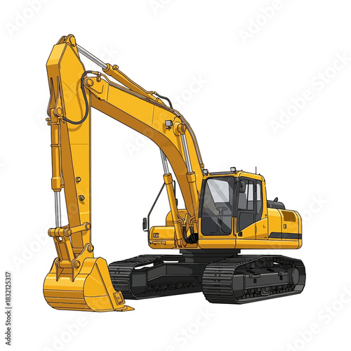Yellow Excavator Machine on White Background.