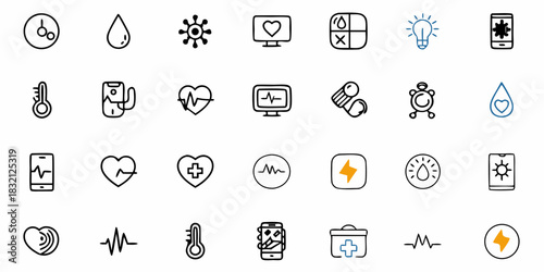 Collection of medical and health icons in a simple line art style