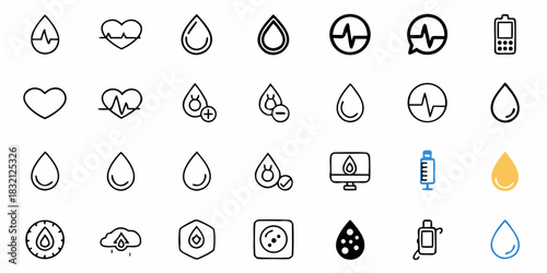 Collection of medical and health related icons including blood drops heartbeats and medical equipment
