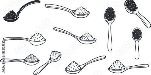 A collection of various spoons filled with caviar in black and white lineart vector style, perfect for gourmet culinary designs