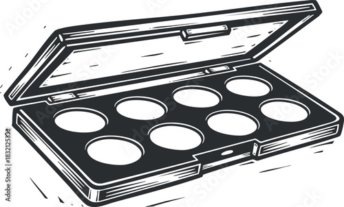 A sketch of an open makeup palette with six circular compartments in minimalist black and white vector style, ideal for beauty and cosmetics branding