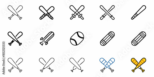 Collection of baseball bats and balls icons in various styles