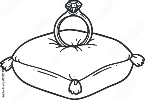 A decorative pillow with a diamond engagement ring in outline minimalist vector style, perfect for wedding invitations or romance-themed designs