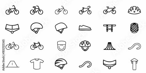 Set of cycling icons and equipment in a simple outline style