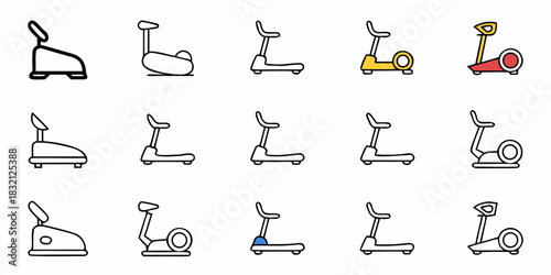 Collection of stylized exercise bike icons in various designs and colors
