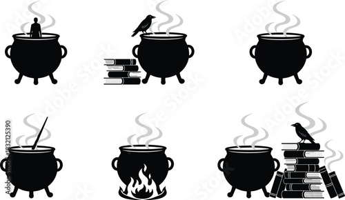 Set of black vector silhouettes of witch cauldrons with magic potion smoke, fire, books and crow for Halloween.