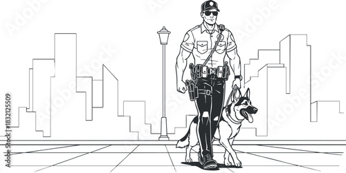 A police officer walking a German Shepherd dog in minimalist outline vector style, suitable for law enforcement illustrations