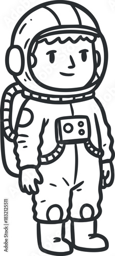 A cartoon astronaut character in a space suit with a smile, designed in a playful outline vector style, ideal for children's educational materials