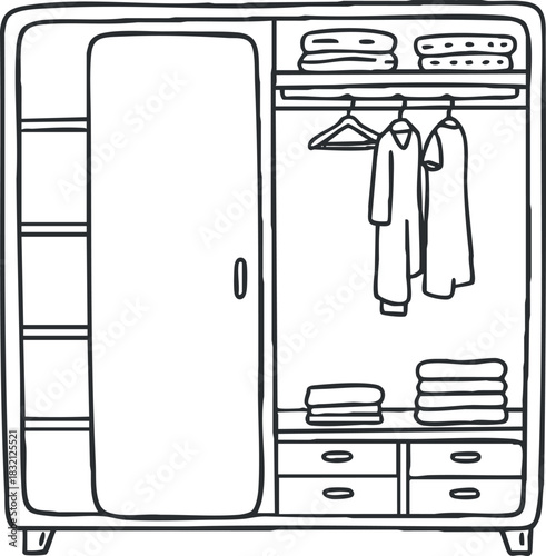 A wardrobe with shelves, drawers, and hanging space in a minimalist outline vector style, suitable for home decor and interior design projects