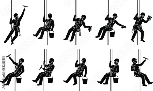 Set of black vector silhouettes showing professional window cleaners hanging on ropes, washing glass with squeegee, bucket and harness.