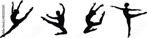 Set of black vector silhouettes showing male and female ballet dancers jumping and performing artistic dance poses on white.
