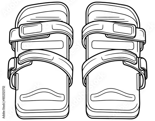 Vector illustration of a pair of slide sandals with straps. Black and white top view sketch of casual summer beach footwear or slippers isolated on white background.