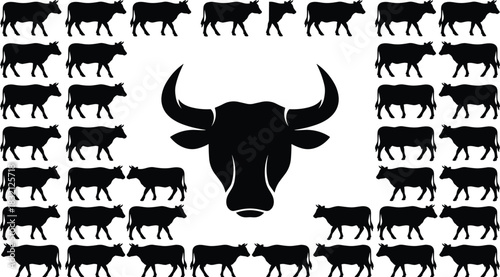 Black vector illustration showing a bull head symbol surrounded by a frame of walking cows and cattle silhouettes.