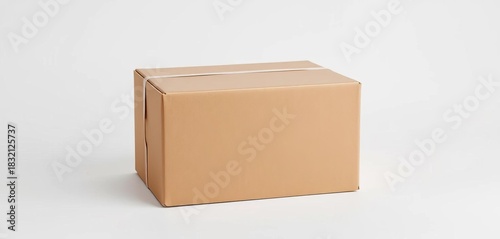 Plain brown cardboard box, sealed, on white background,  business,  warehouse