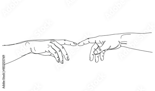 Minimalist line art of two hands touching fingers representing connection and creation in a black and white silhouette style silhouette