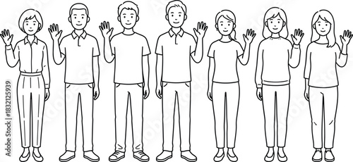 Vector line art illustration of happy young men and women standing in a row waving hands to say hello.