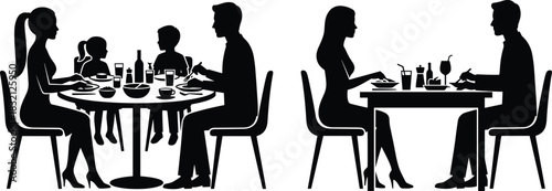 Set of black vector silhouettes showing family eating dinner at round table, and romantic couple dining on date at restaurant.