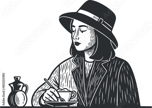 A woman enjoying coffee in a stylish hat, illustrated in black and white sketch style, perfect for lifestyle and cafe themes