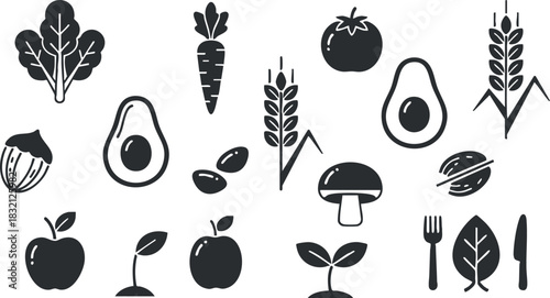 A collection of fruits and vegetables icons including avocados, carrots, tomatoes, and apples in flat black and white vector style, ideal for healthy food branding