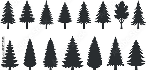 A collection of various tree silhouettes including pine and deciduous trees in black vector style, ideal for nature-themed designs