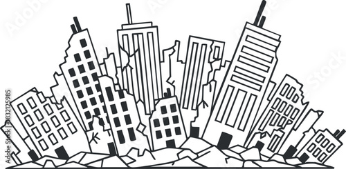 A collection of collapsed and broken buildings in black outline vector style, suitable for urban disaster themes and illustrations