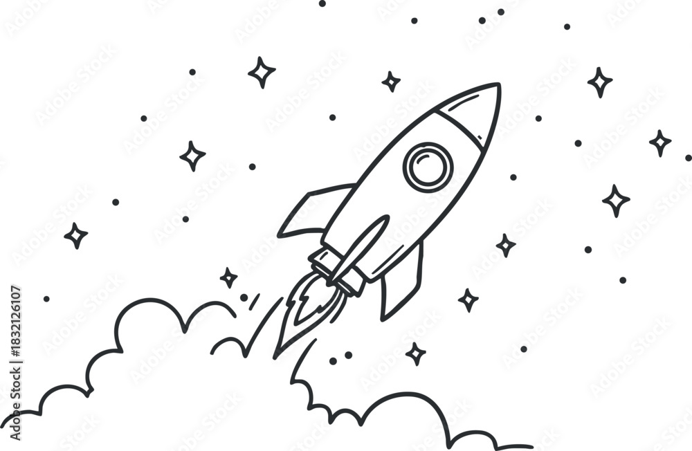 Obraz premium A rocket launching through space surrounded by stars and clouds in a minimalist outline vector style, perfect for technology and innovation projects