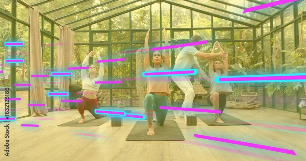 Obraz premium Practicing four yogis in activewear holding kneeling lunges in sunroom, with mats, neon streaks