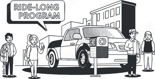 A ride-long program illustration featuring a car, people interacting, in black and white vector style, suitable for transportation and community services
