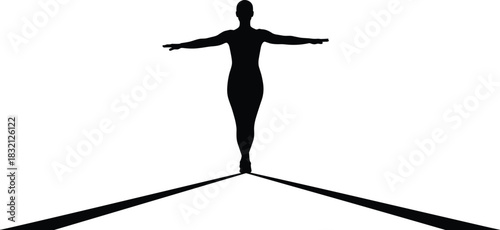 Silhouette of person balancing on tightrope with arms outstretched, minimal black vector illustration for business concepts.