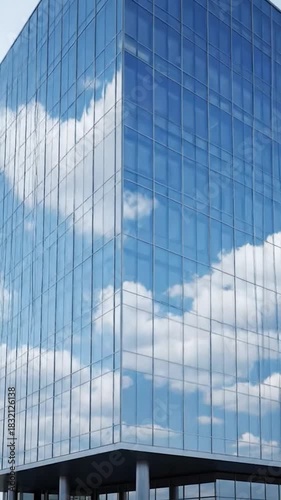 The facade of a modern skyscraper reflects a blue sky dotted with puffy white clouds