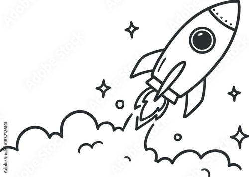 A rocket launching through space with stars and clouds in a playful black and white outline vector style, ideal for educational and creative projects