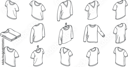 A collection of various t-shirt designs in outline minimalist vector style, suitable for fashion branding and apparel design