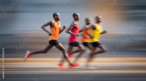 Diverse group of athletes running together in an urban environment, expressing teamwork, endurance, healthy lifestyle and energetic motion in a modern competitive setting.